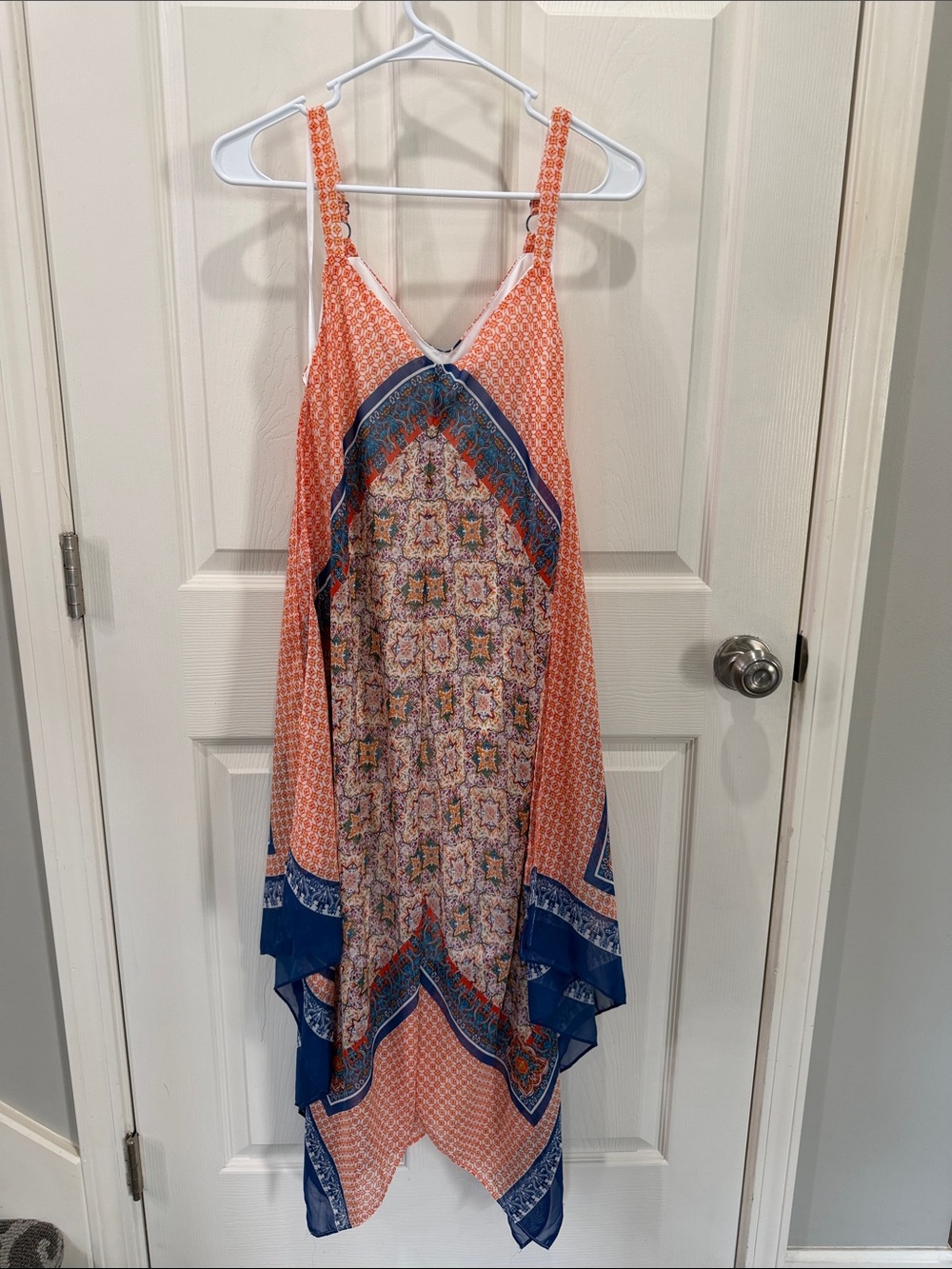 Luxology Boho Handkerchief Hem Dress in Coral and Navy